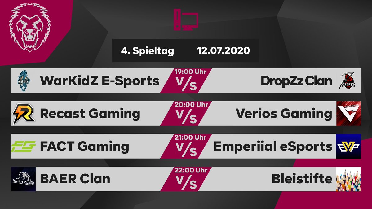 ⚠️ SPIELTAG 4 [GCS PC]
>> twitch.tv/germancommunit…
🎙🎙🎙mit @ScorpyR6 🎙🎙🎙

Wir starten ab 18:30 den Stream mit:
<a href="/WarKidZ/">WarKidZ</a> vs @DropZz_Clan 
<a href="/gaming_recast/">Recast Gaming</a> vs @veriosGaming 
<a href="/factgamingde/">FACT Gaming</a> vs <a href="/Emperiial/">Emperiial eSports e.V.🇩🇪</a> 
<a href="/clan_baer/">Baer Clan</a> vs <a href="/Bleistifte1/">Bleistifte</a> 
#r6s #gcs #liga #pc