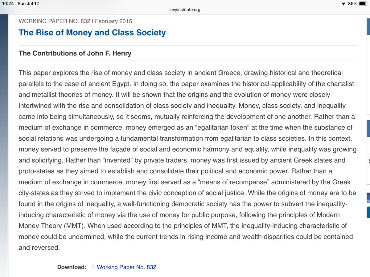 2015 paper by Randy Wray and Alla Semenova ( http://www.levyinstitute.org/publications/the-rise-of-money-and-class-society-the-contributions-of-john-f-henry): "...the origins of money are to be found in the origins of inequality..."