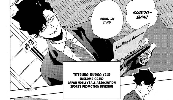 We make fanarts of post-timeskip Kenma wearing suit and tie but then it's actually Kuroo who ends up canonly wearing it for real. 