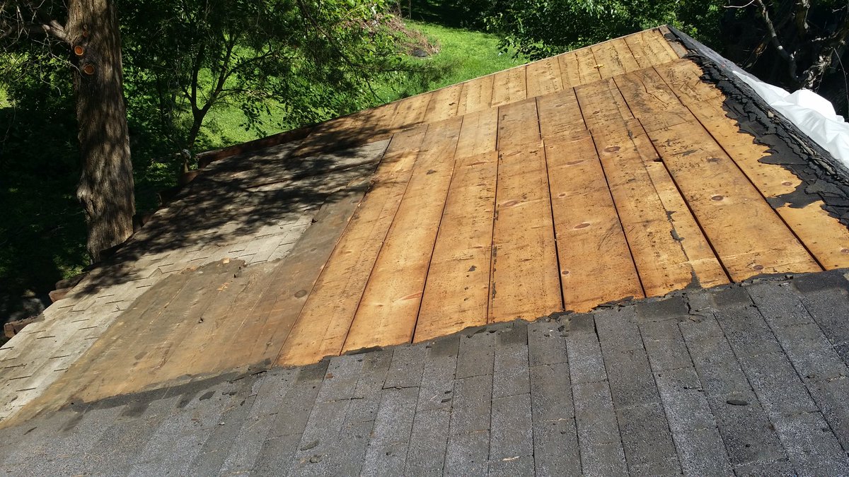 So in less than 5 hrs this morning we now have 29% of the roof strippedThe patch of visible shingles are an older & decked over section of the roof (about 12% of structural size)This is the section I need to patch back to current deck height along with repairs to the overhang