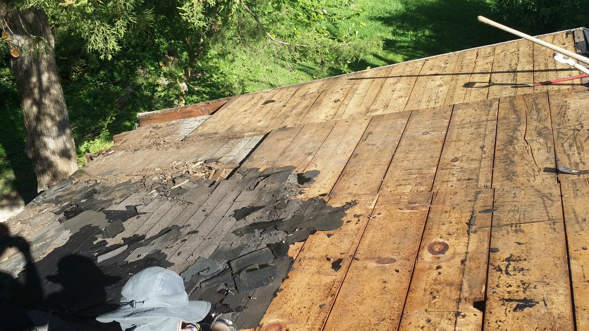 So in less than 5 hrs this morning we now have 29% of the roof strippedThe patch of visible shingles are an older & decked over section of the roof (about 12% of structural size)This is the section I need to patch back to current deck height along with repairs to the overhang