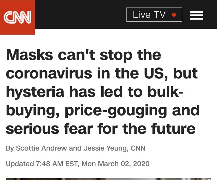 This started from a tweet from  @jaketapper wishing  @realDonaldTrump had urged people to wear masks back then. In hindsight, that’s a good wish to have. But let’s not pretend that the media was urging mask adoption then. Here’s  @CNN in that timeframe.