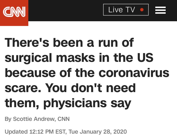 This started from a tweet from  @jaketapper wishing  @realDonaldTrump had urged people to wear masks back then. In hindsight, that’s a good wish to have. But let’s not pretend that the media was urging mask adoption then. Here’s  @CNN in that timeframe.