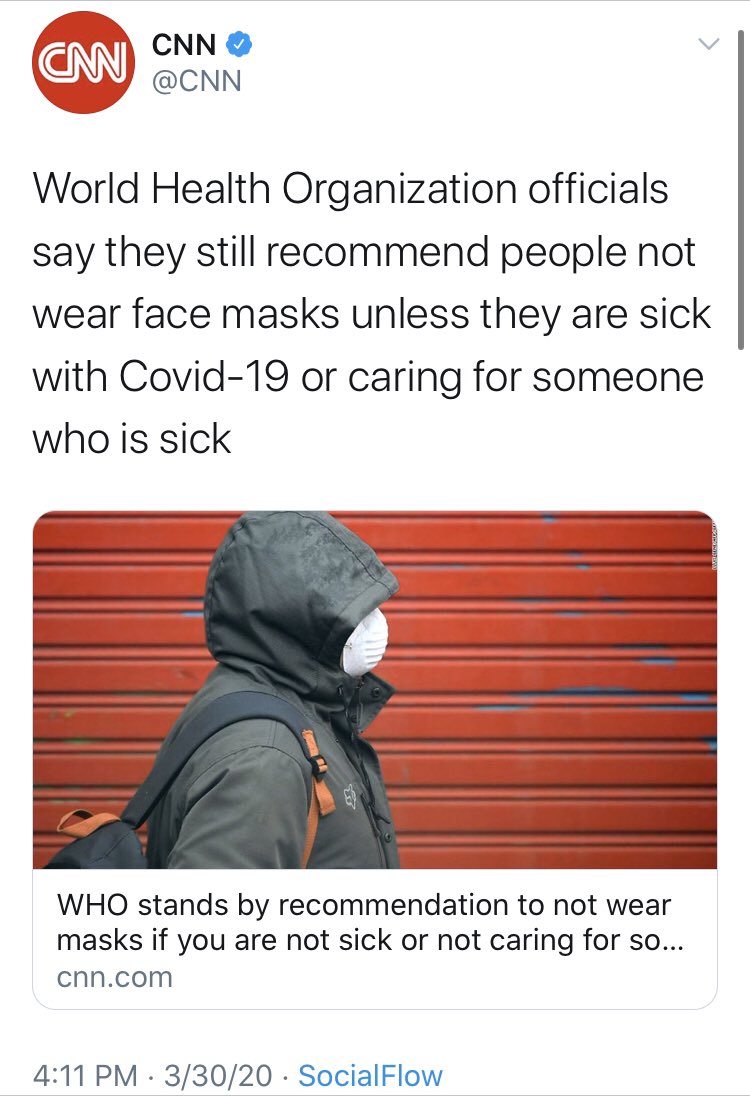 This started from a tweet from  @jaketapper wishing  @realDonaldTrump had urged people to wear masks back then. In hindsight, that’s a good wish to have. But let’s not pretend that the media was urging mask adoption then. Here’s  @CNN in that timeframe.