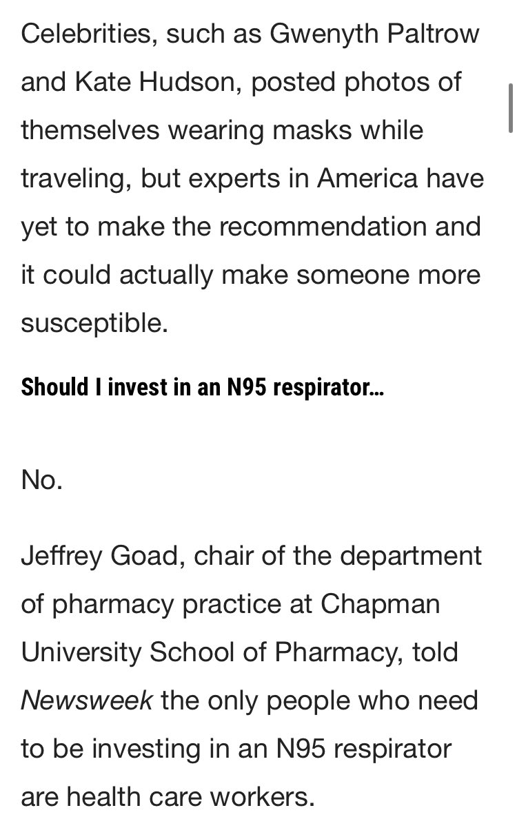 This, from  @Newsweek on February 28th says not to get a mask and then **reiterates it to a skeptical audience three more times**