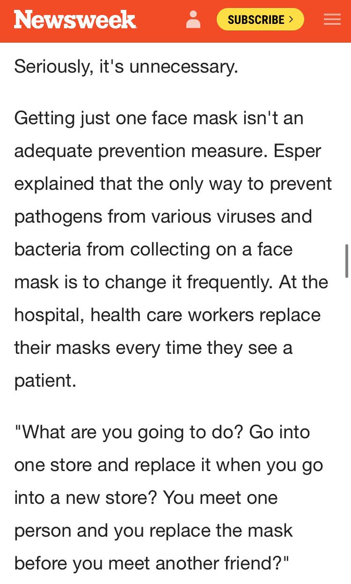 This, from  @Newsweek on February 28th says not to get a mask and then **reiterates it to a skeptical audience three more times**