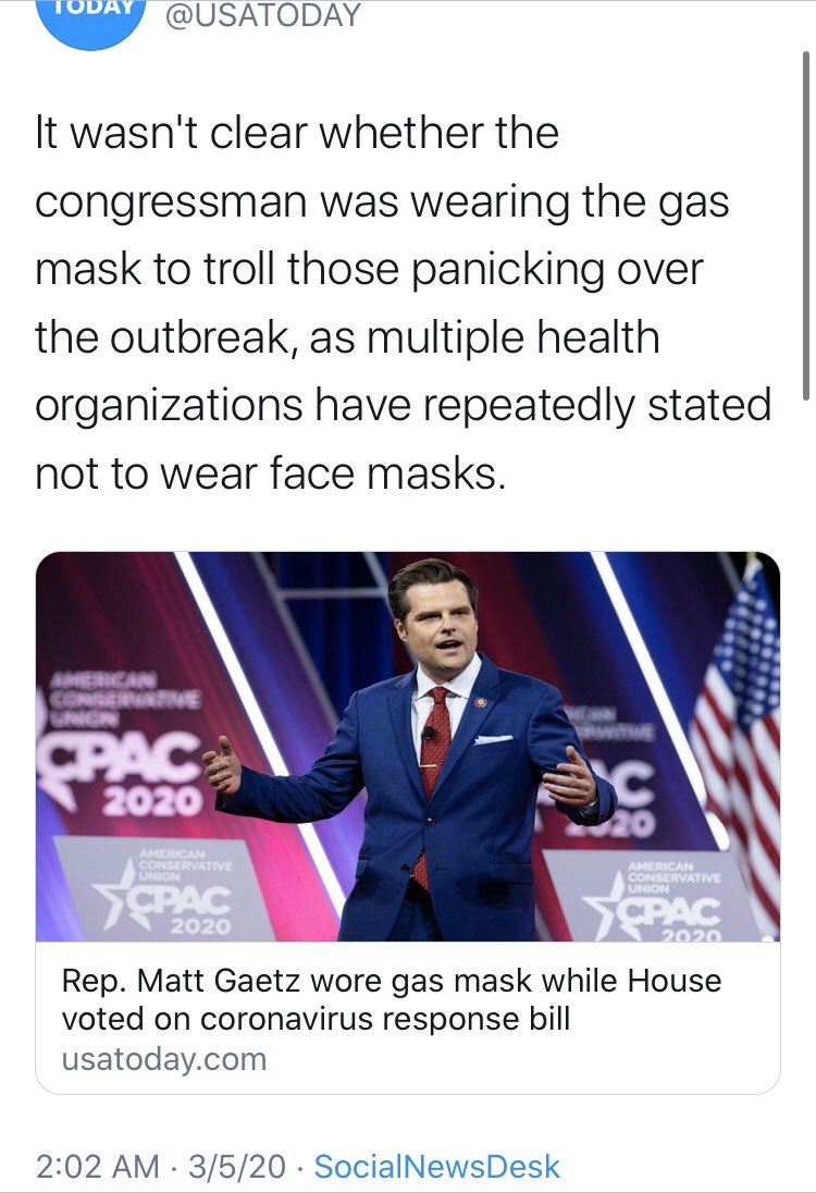  @USATODAY did the same thing, and even took a jab at  @mattgaetz for wearing a mask. All these were from the first week of March.