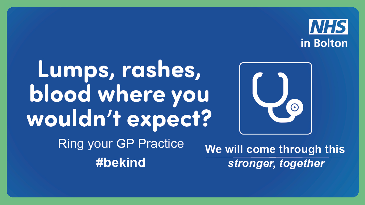 Bolton_HCP's tweet photo. Lumps? Rashes? Blood where you wouldn’t expect?
Ring your GP practice for help and advice.
Keeping an eye on your health is tricky at the best of times. But at the moment, it’s important you get new and unusual symptoms checked out.
Don’t put it off https://t.co/kLS93EfNNL