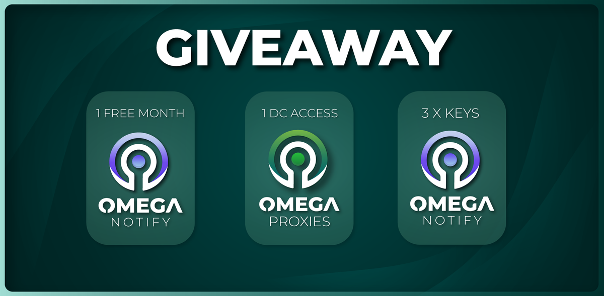 OmegaNotify's tweet photo. 🎁 GIVEAWAY TIME! 🎁

For a chance to win:

- 1x Omega Notify free month
- 1x Omega Proxies private beta invite
- 3x Omega Notify standard key

Follow these rules:

- Follow @OmegaNotify 
- Follow @Omega_Proxies 
- Retweet
- Tag a friend

Winners drawn on 16/07

Good luck! https://t.co/280QHLzgjB