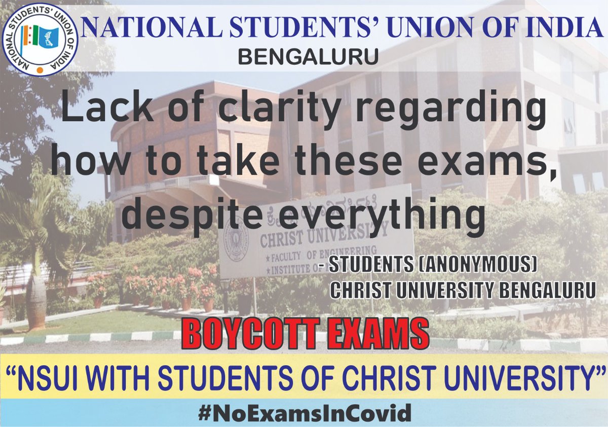 INCBangaloreSo1's tweet photo. #NoExamsInCovid 
#christuniversity_cancel_exams 
@ugc_india @HRDMinistry @CMofKarnataka @NSUIKarnataka @nsui_bengaluru @IYCKarnataka @DKShivakumar @manjunathansui https://t.co/GsTwcLocNN