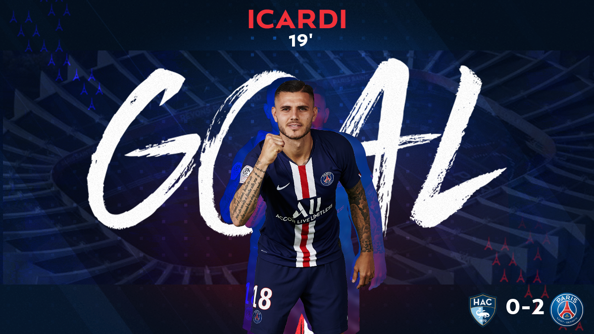 PSG_inside's tweet photo. 19' Et de 2⃣, le doublé pour @MauroIcardi ⚽️⚽️

#HACPSG

🔴🔵 #AllezParis https://t.co/eB7ZYsHN5U