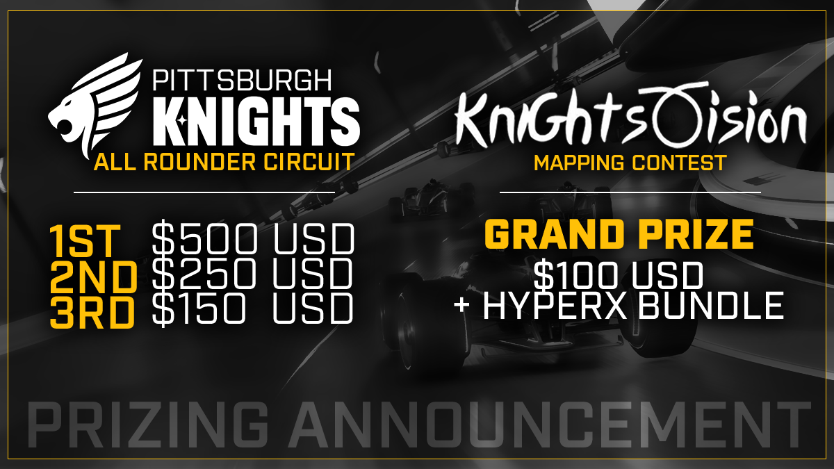 KnightsGG's tweet photo. How about #PKARC and #KnightsVision but with a prize pool? 👀

You got it - here's the prizing for our all-rounder @Trackmania circuit and mapping contest! PLUS we'll be doing @HyperX giveaways in the chat during broadcasts!

Get to it! 👇

👉 https://t.co/sT5qs9vOf3 👈 https://t.co/czLZKZkNcs