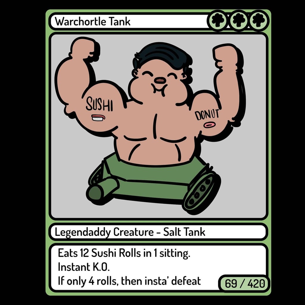 My friend Warchortle as a MTG card.

He loves sushi 🍣

From an art request stream :D

#art #vectorart #illustrator #weirdart #mtg #flatart #muscles #tank #artstream #YanniMakes instagr.am/p/CCjIrlDjtKF/