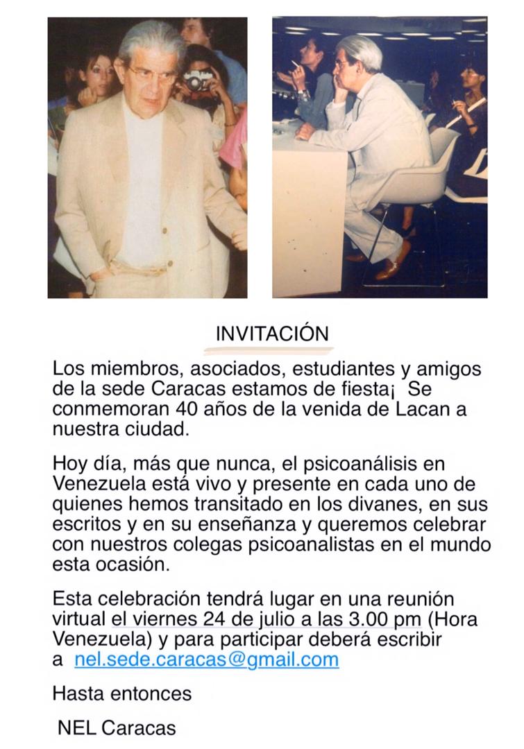 NelcfCaracas's tweet photo. La NEL Caracas celebra la visita de Lacan a nuestra ciudad hace 40 años. Y para ello les hacemos llegar una invitación muy especial 🎉 #12Julio #12Jul #celebracion #psicoanalisis #Lacan https://t.co/UCiEolze1E