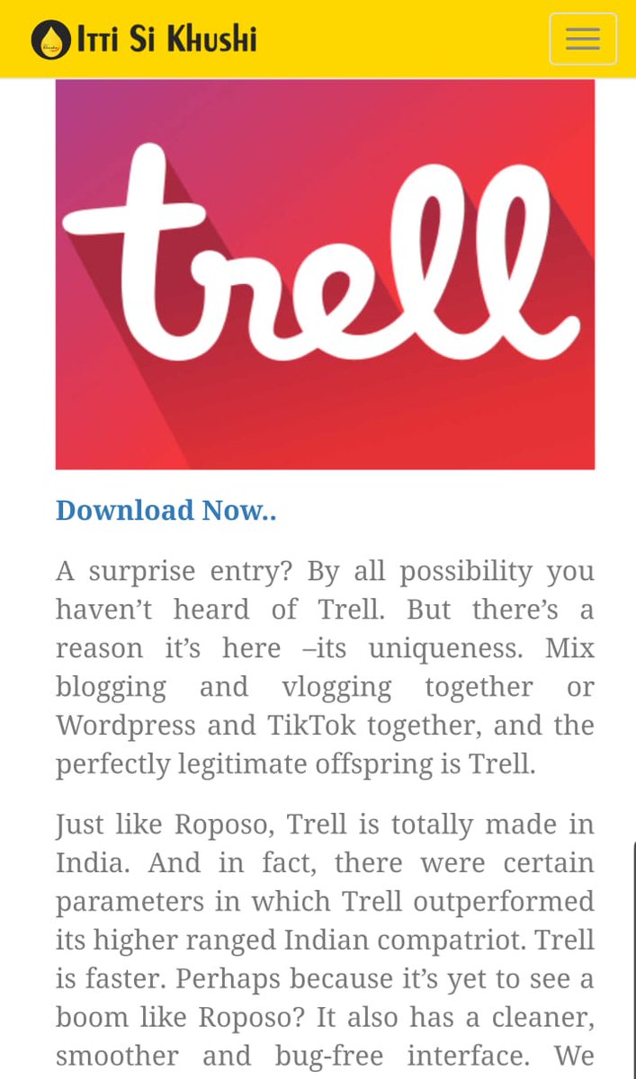TrellApp's tweet photo. @TrellApp is not a replica of TikTok❌, our platform and community has its own identity. Trell is #SabseAlagSabseAage 🚀

This review by @Itti_si is right on mark, thank you! 🔥

Aapne aaj #TrellKiyaKya? 

#Trell #MakeInIndiaWithTrell #MadeInIndia #ChineseAppsBan #BestIndianApp https://t.co/3Y9dGA1fPS