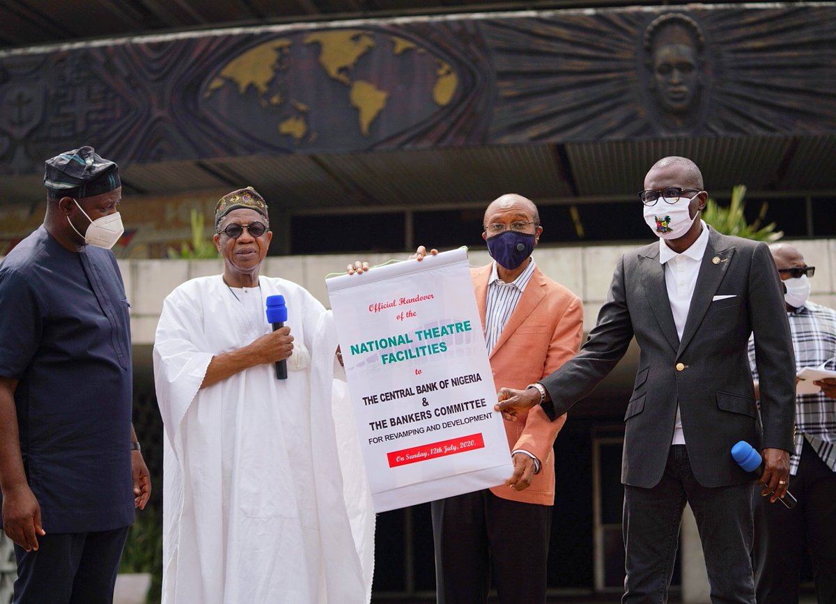 jidesanwoolu's tweet photo. It is a new dawn for the tourism and creative economy in Lagos State as today, The National Theatre was handed over to @cenbank and The Bankers Committee to turnaround this national heritage through renovation, a modernisation upgrade and development. https://t.co/cCsTlDPfiE