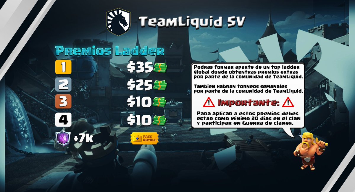 Solo por este mes aumentamos los premios de ladder todo aque que llegue a 7k pass royal aplica del 5°para abajo hay dos torneos por un pass y un pass al mejor de war a final de temporada <a href="/ayudocomunidad/">Ayudamos Comunidad ♥️</a> <a href="/AyudaJugador/">Ayuda Jugador</a> <a href="/AyudaseSports2/">Publicidad eSports LATAM</a> <a href="/ComunidadSLVCR/">Comunidad Salvadoreña de Clash Royale</a> <a href="/ayudocomunidad/">Ayudamos Comunidad ♥️</a> <a href="/ClashRoyaleSV/">Comunidad CR SLV</a>