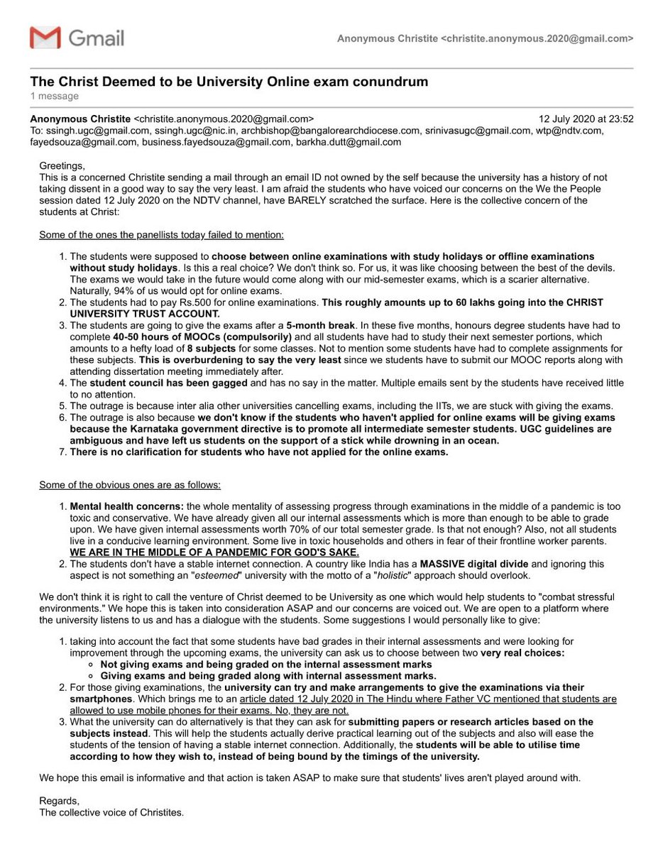 #christuniversity  Here are some real concerns hope you will give an ear to it.

@blrstucom_ @under25official @UGCsmeruleforal 
#archbishopbangalorearchdiocese
@ndtvindia 
@fayedsouza
@BDUTT 
#christuniversity_cancel_exams