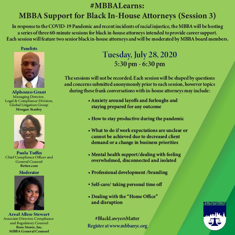 Have you RSVP’d to our #MBBALearns and #MBBAMoves virtual events? If not visit mbbanyc.org and register!

Swipe to see our lineup 👉🏿👉🏾👉🏽👉🏼

#MBBANYC #MBBALEAP #BLACKLAWYERSMATTER #INHOUSELAWYERS #GOVERNMENTLAWYERS #PUBLICINTEREST