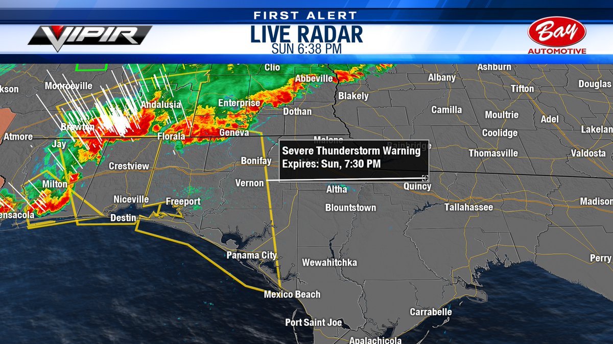 WMBBTV's tweet photo. SEVERE THUNDERSTORM WARNING
FOR...
CENTRAL BAY COUNTY
WALTON COUNTY
HOLMES COUNTY
WASHINGTON COUNTY
LINE OF STORMS MOVING SOUTHEAST AT 35 MPH.
HAZARD...60 MPH WIND GUSTS.
SOURCE...RADAR INDICATED.
#13FirstAlert #PCB #FLWX https://t.co/aIJDG0Rd27 https://t.co/fkktewHyPx