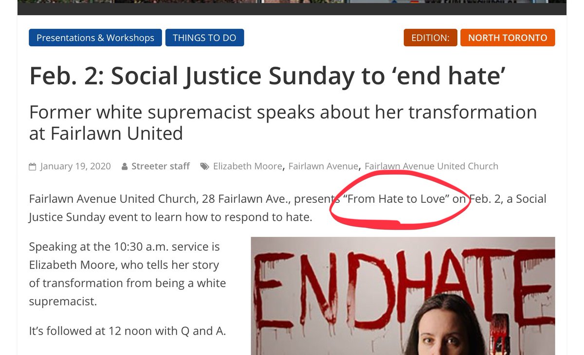 Not only did  @onemooreliz steal my life story, sell it to the  @CBC for $12K and go on  @Spaikin's show to claim SHE shut down the neo-Nazi group I risked my life to shut down, in 2020 she took my main lecture title "From Hate to Hope" & started calling her talk "From Hate to Love"