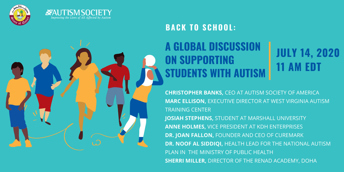 AutismSociety's tweet photo. Mark your calendars for Tuesday at 11 am EDT for “A Global Discussion on Supporting Students with Autism!" Hosted with @USEmbassyDoha, the episode features advocacy organizations, educators, and students discussing autism, education and COVID-19. https://t.co/LT71JeV2yD