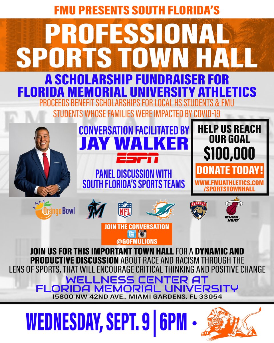 Join us for this important Town Hall for a dynamic and productive discussion about race and racism through the lens of sports, that will encourage critical thinking and positive change. <a href="/JayWalkerSky/">Jay Walker</a>

⤵️: fmuathletics.com/SportsTownHall