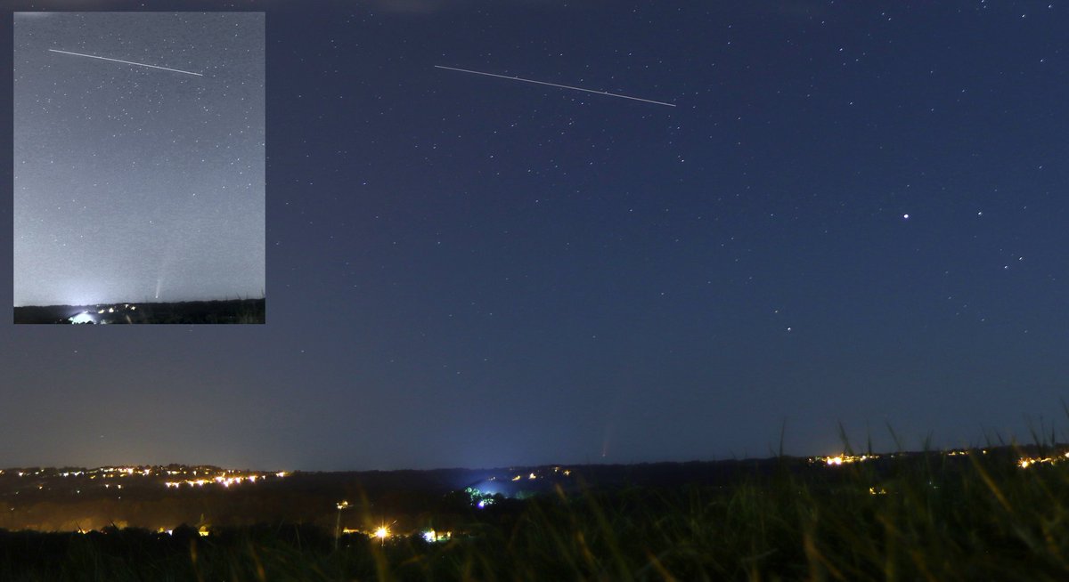 ulimicksch's tweet photo. Lucky shot of ISS this morning with rising comet Neowise in southwestern France, close to Pau. Canon 90D, 30sec, F 1.4, Iso 250, 17mm. #SpotTheStation #cometNEOWISE #ESA #meteopyrenees https://t.co/cU0yCxekfq