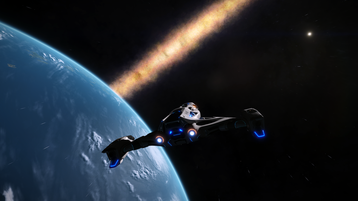 DLNV_LeosVision's tweet photo. Under cover of darkness, DLNV Leo's Vision - the @DogsOfLore Fleet Carrier - slips into orbit around planet A5. We scout the day side of the planet, dub the gorgeous Earth-Like World "Leo," and look forward to our first sunrise out here. #EliteDangerous #DSSA https://t.co/AP6d1ux0BC