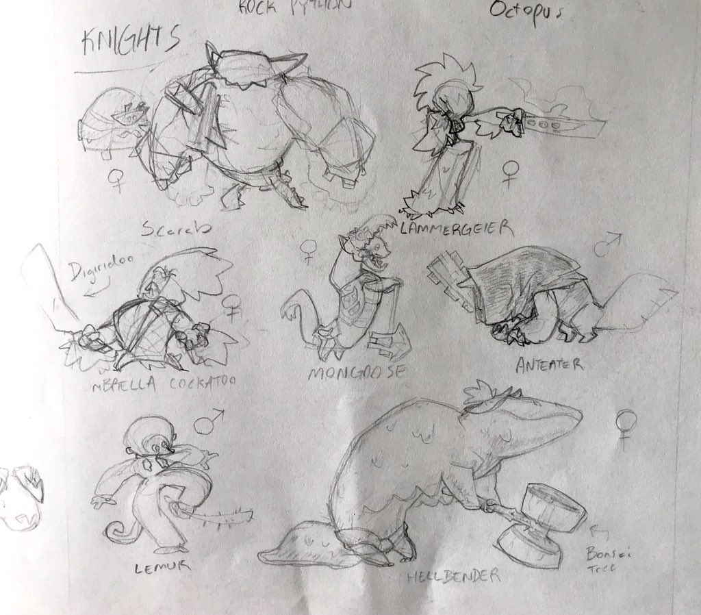 I finally got around to finishing the initial character sketches for all the fighters in my dream RPG (which I'll be referring to as "Force Of Nature" from now on). I wanna whip up some genuinely polished character sheets for all of these folks at some point ✨