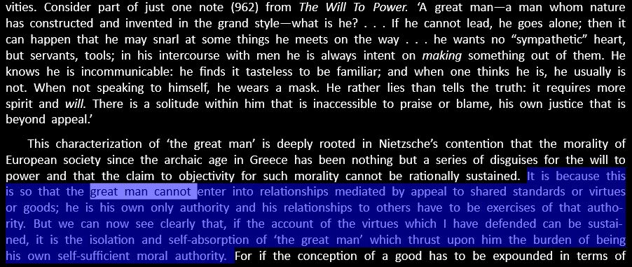 That quote is from MacIntyre's 'After Virtue', and check out this other quote which outlines the idea of Bateman as an Ubermensch. He lies, he bends others to his will, he uses women as playthings for his darkest desires.