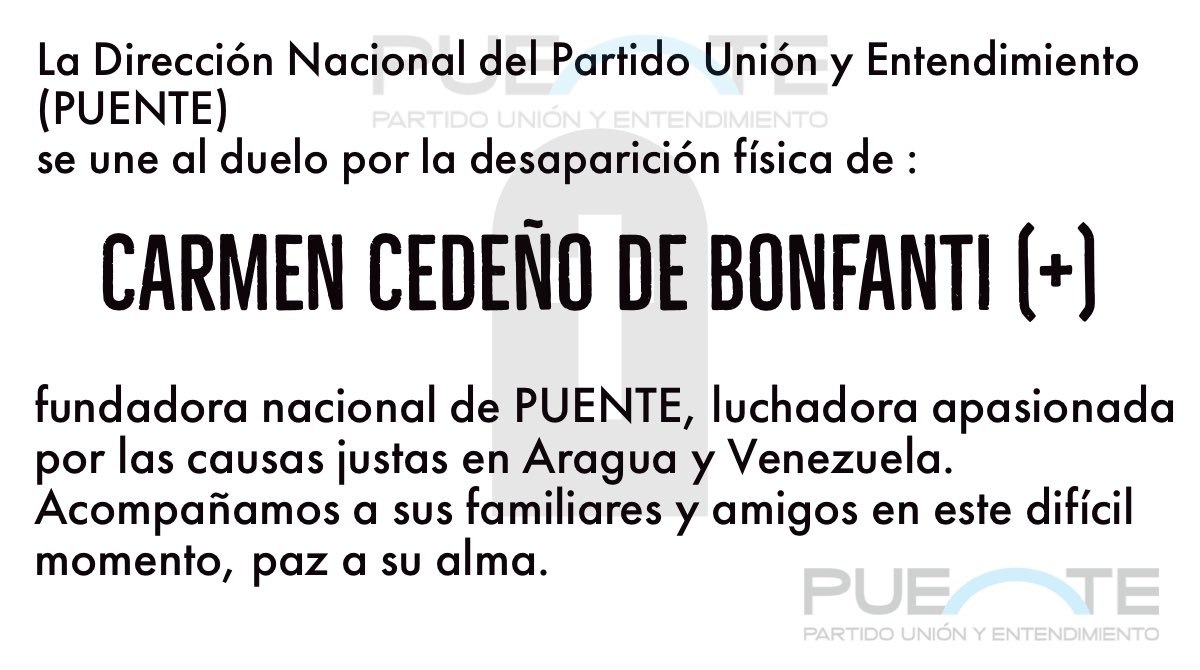 PuenteVenezuela's tweet photo. Con profunda tristeza informamos el fallecimiento de @camenza 
#Aragua y toda #Venezuela siempre recordaremos tu lucha por un mejor país https://t.co/78ArTH9YEi