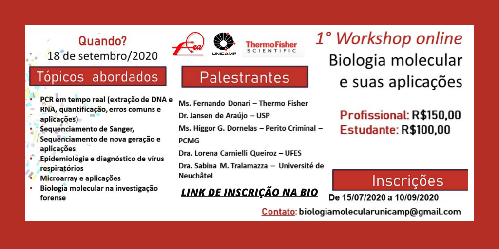 FEA UNICAMP - Oficial (@foodunicamp) on Twitter photo 1o WORKSHOP ONLINE DE BIOLOGIA MOLECULAR E SUAS APLICAÇÕES! Tem link na bio! <a href="/thermofisher/">Thermo Fisher</a> #biomol #foodscience #pcr #rna #dna #sequenciamento #feaunicamp #foodunicamp #biologiamolecular #virus #epidemio #unicamp #pesquisa #pesquisabrasileira 1o WORKSHOP ONLINE DE BIOLOGIA MOLECULAR E SUAS APLICAÇÕES! Tem link na bio! <a href="/thermofisher/">Thermo Fisher</a> #biomol #foodscience #pcr #rna #dna #sequenciamento #feaunicamp #foodunicamp #biologiamolecular #virus #epidemio #unicamp #pesquisa #pesquisabrasileira