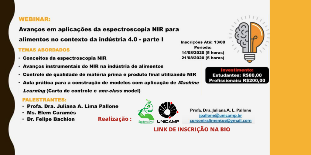 foodunicamp's tweet photo. WEBINAR ESPECTROSCOPIA NIR EM ALIMENTOS
#alimentos #industria #foodunicamp #foodscience #foodtech #food #NIR #feasustentavel #feaunicamp https://t.co/RyjzntDRba