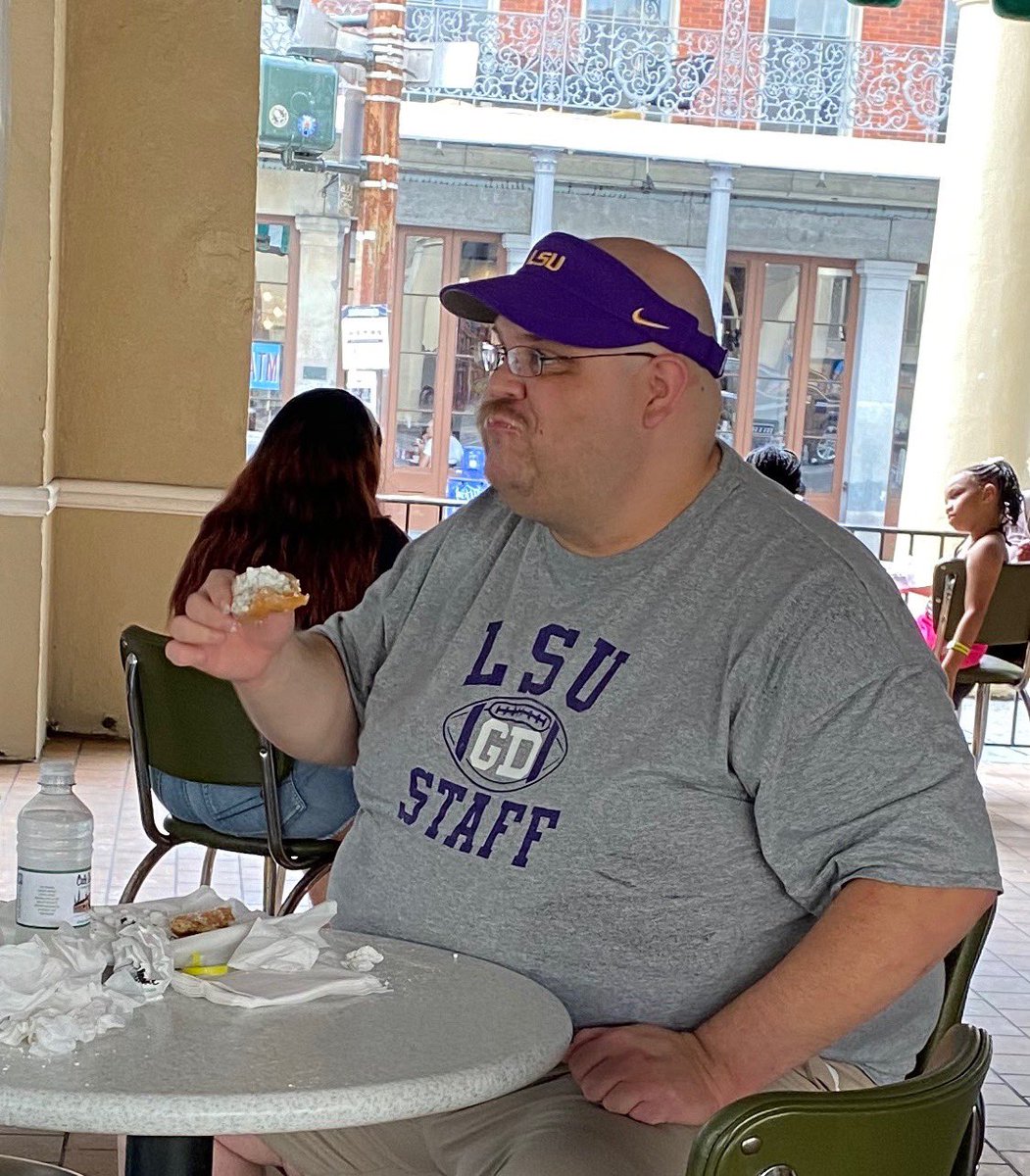 WCJ34's tweet photo. Just saw @CoachDuggs at Cafe du Monde putting down beignets before he puts down Bama. https://t.co/CRtgMpNvxr