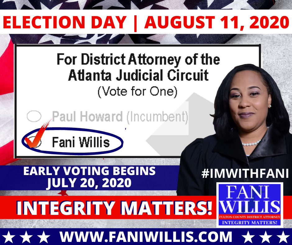 FaniforDA's tweet photo. The Democratic Ballot: CHANGE BEGINS WITH YOUR VOTE!
#FaniWillisforDA
Elect Fani Willis for Fulton County District Attorney
EARLY VOTING - JULY 20, 2020
RUNOFF ELECTION - AUGUST 11, 2020
#IMWITHFANI #FaniForFulton #WewinwithWillis #Timeforachange #FirstWomanDA https://t.co/v4oEabbkMr