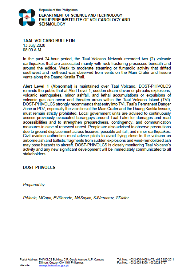phivolcs_dost's tweet photo. TAAL VOLCANO BULLETIN
13 July 2020
08:00 A.M.

#taalvolcano 

https://t.co/M5htoljcPm https://t.co/B0jhSN7ZMF