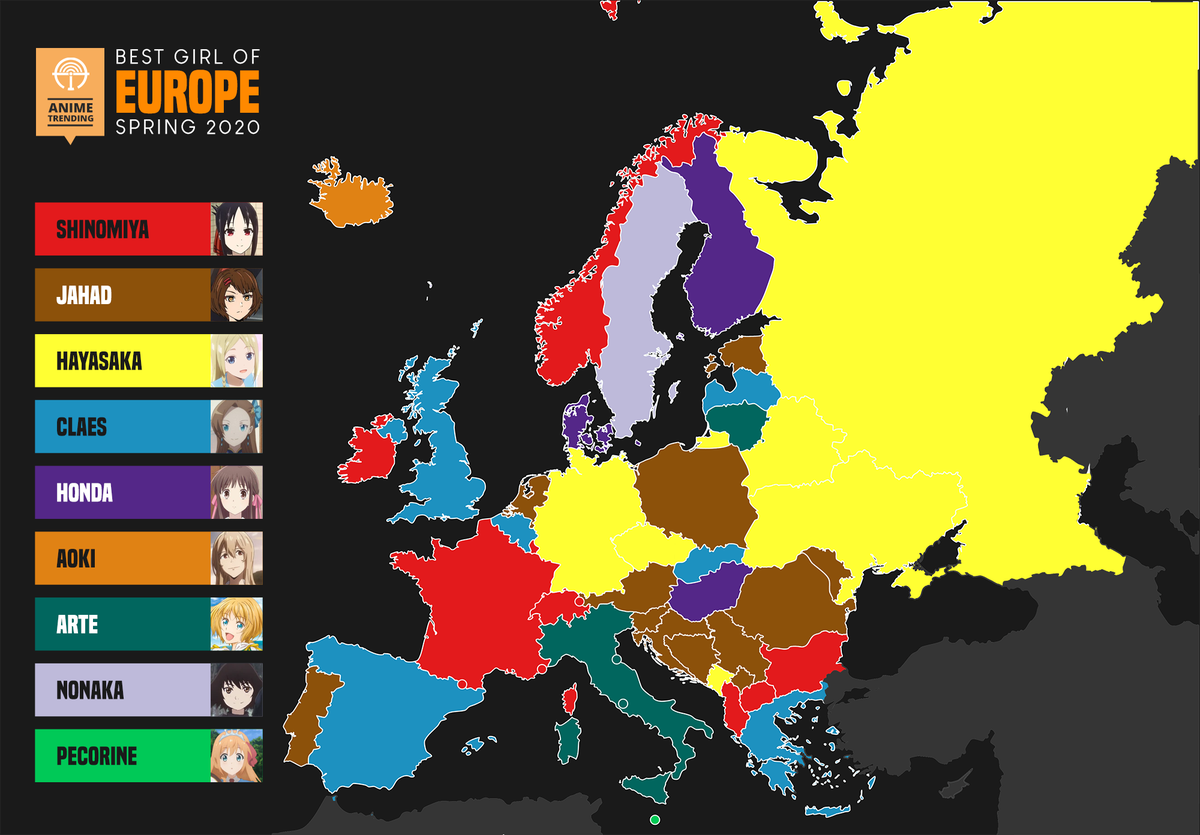 Here are Waifus of Europe for Spring 2020!! Quite interesting to see Italy voting for its home girl, Arte! 🔥 Summer 2020 Polls Now Open: atani.me/vote