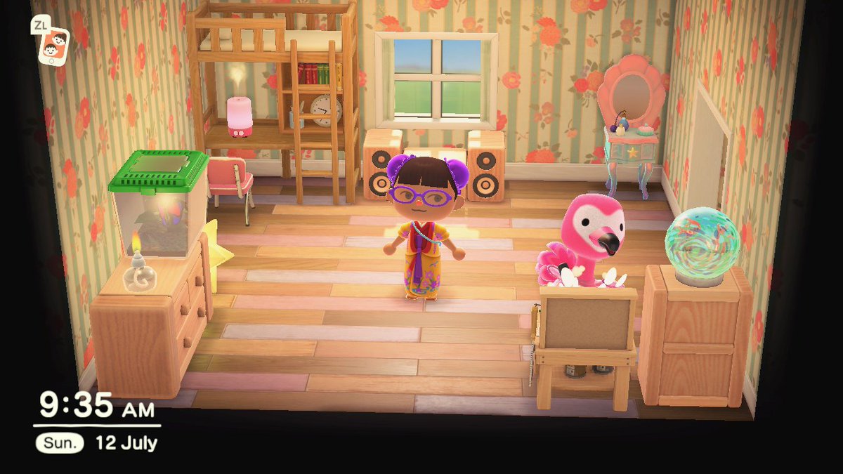 BNectarina's tweet photo. After months of gifting everything, because Flora is a starter villager and does not have her original interior, I found out the mermaid furniture actually displays in her house. So... I am going to go down that rabbit hole now. #ACNH #AnimalCrossingNewHorizons #mermaidset https://t.co/sOCQZe1clV