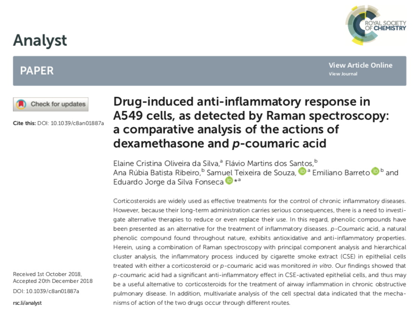 InctNim's tweet photo. Article from @analystrsc! Drug-induced anti-inflammatory response in #A549cells, as detected by #RamanSpectroscopy: a comparative analysis of the actions of #dexamethasone and #pCoumaricAcid. | #Corticosteroid #COPD | Author: @emilbarreto2
https://t.co/yUnw3u5GPg https://t.co/tjK49iSgwv