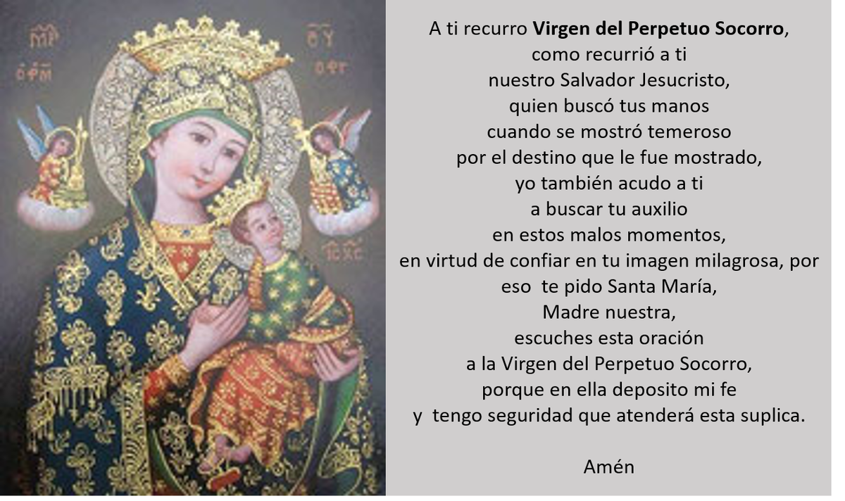 MariaPSocorroVz's tweet photo. Con esta oración los invito a pedir por la SALUD del mundo #virgendelperpetuosocorrovzla antecede ante Nuestro Señor para protegernos de todos los males que afecten nuestra salud,especialmente por el virus Covid19
#NuestraSeñoraDelPerpetuoSocorro
#MilagrosVirgenDelPerpetuoSocorro https://t.co/Omigz91ecq