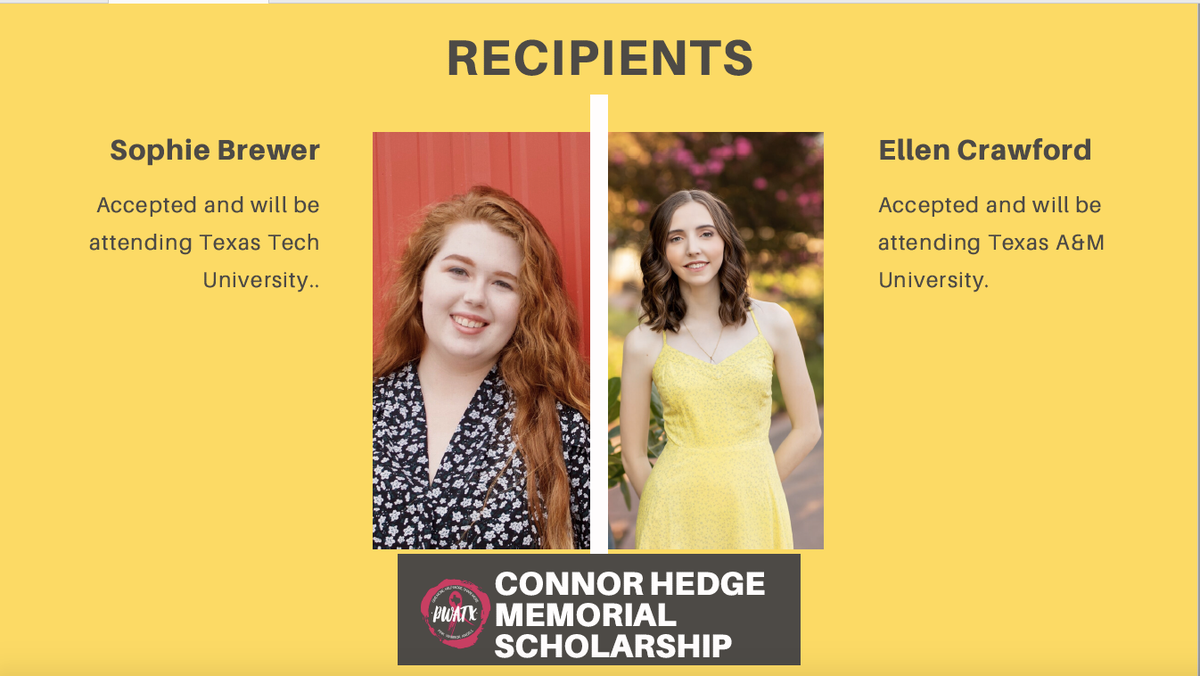 angels_warrior's tweet photo. Congratulations to Sophie B. and Ellen C. for being awarded the Connor Hedge Memorial Scholarship.  Each awardee joined us during a virtual presentation with the Board of Directors, Ambassadors, and Connor's mom, Kristen.  Help us congratulate these amazing young ladies. https://t.co/xQXaxpkXSA
