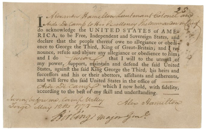 USNatArchives's tweet photo. Hamilton famously served as George Washington’s aide-de-camp for much of the war, including for most of the time the Continental Army camped at Valley Forge from December 1777 to June 1778. This is his Oath of Allegiance. https://t.co/7bPRLDNx9o #Hamiltonfilm https://t.co/lSB3VflQ8p