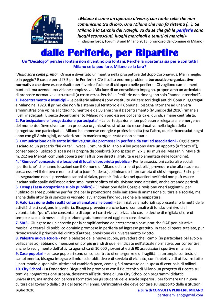 PeriferieMilano's tweet photo. #PERIFERIE #MILANO - Un Decalogo, per ripartire
«La burocrazia ci ammazza» (Sindaco @beppesala), «Non abbiamo valutato che la priorità forse era quella di vincere e sconfiggere la burocrazia» (Sindaco @giulianopisapia). Bisogna cambiare, è necessario.
https://t.co/Hc1ceNad8D https://t.co/nuLD8eu2Wv