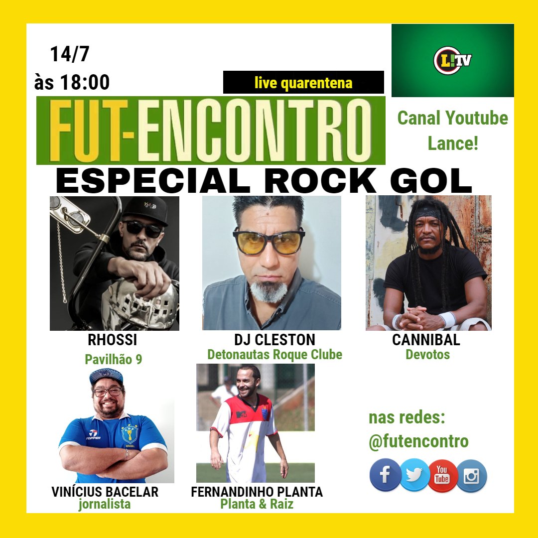 futencontro's tweet photo. Futebol e música em um programa que marcou época. Escalamos um timaço na live dessa terça, no canal do @lancenet: @RhossiOficial, do @BandaPavilhao9, @cleeeston, do @detonautas, Cannibal, @Vi11 e @Fer_planta, do @PlantaeRaiz. Não perca!

#falardefuteboléarte
#futebol
#música https://t.co/DMB5G85hlw