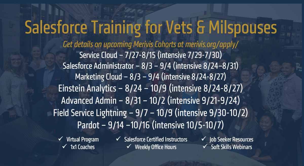 We've got a great lineup of Salesforce Cohorts for summer/fall. Veterans &amp; Milspouses visit merivis.org/apply/ for details, time commitment and all the benefits of a Merivis Cohort! #Merivets please RT and spread the word!