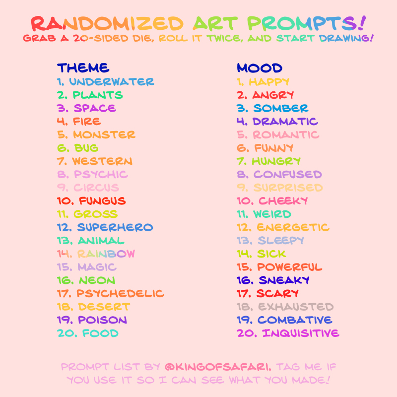 Drew Green (Looking For Work!) on X: Randomized Art Prompts! Grab a  20-sided die (or an online dice roller), roll it twice, and make some art  based on the theme and mood