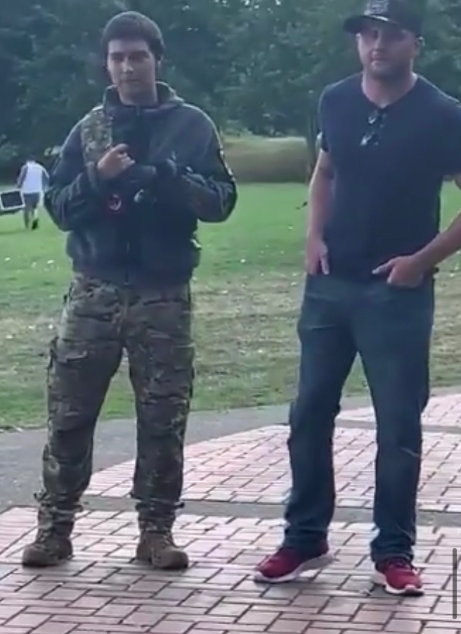 RoseCityAntifa's tweet photo. Holocaust denier Michael Isaacs with fellow Patriot Prayer follower Chandler Pappas in attendance at Eric Post's "Peace Rally". https://t.co/WMjJZceel2 https://t.co/9xr4Z7TI6A https://t.co/ggKULHq30m