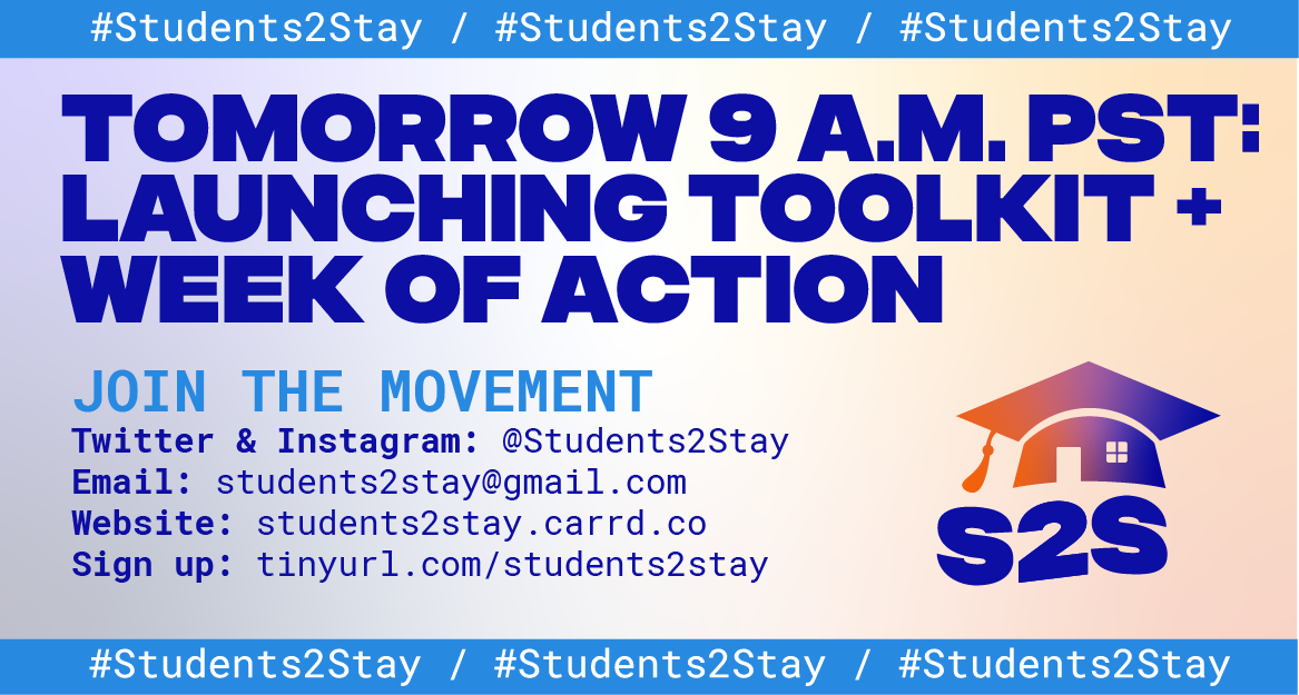Students2Stay's tweet photo. #Students2Stay TOOLKIT is launching at 9AM tomorrow (Monday) PST! See here for the link to all materials that you and community organizers can use to join in our campaign and take action: https://t.co/GGIwO3tTsY
#SanctuaryNow #AbolishICE #internationalstudents #DefendDACA https://t.co/68VLlSqkYa