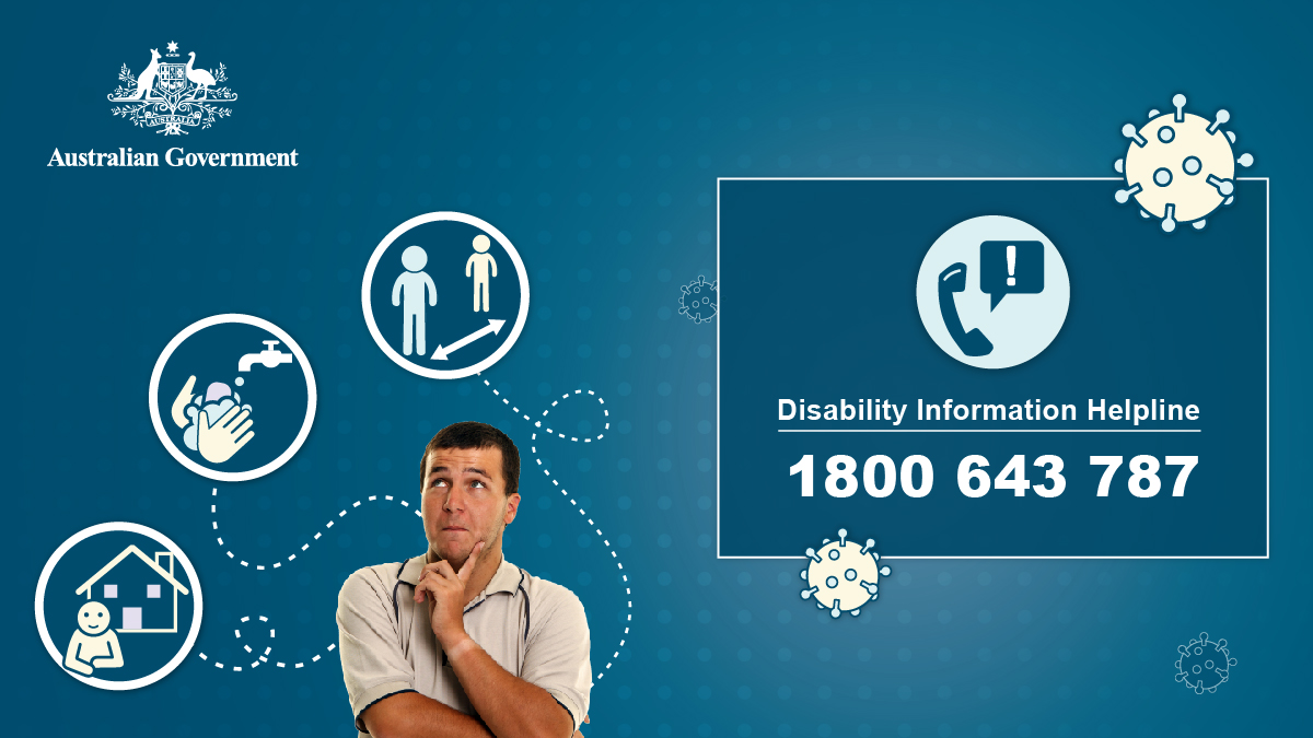 ausgov's tweet image. Have your disability services changed because of COVID-19? 

The Disability Information Helpline can help – call 1800 643 787. 

Visit dss.gov.au/disabilityhelp for information, including Auslan and Easy Read materials. 

#DisabilityHelp